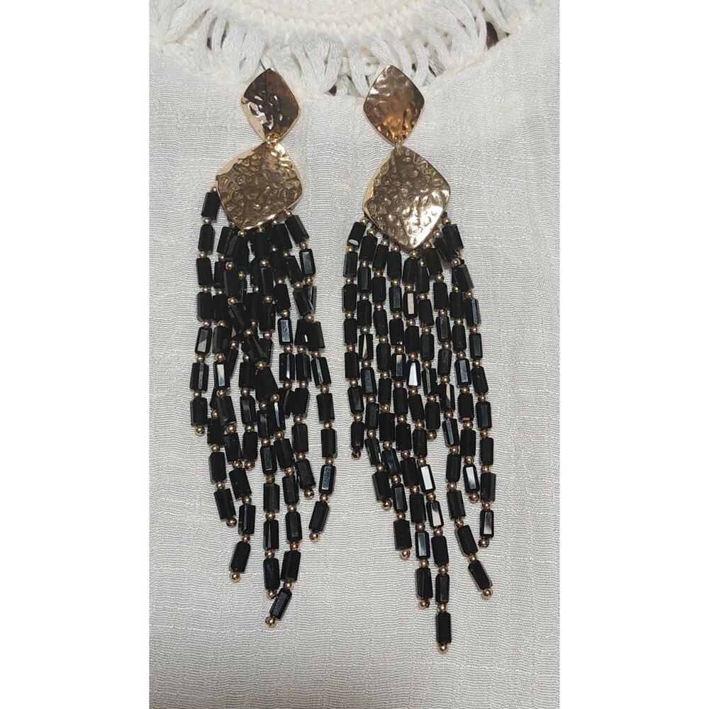 Gold Black Beaded Fringe Tassel Earrings 5 in. Long Boho Statement Evening Metal